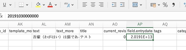 エクセルでは「2.0191E+13」が表示されている