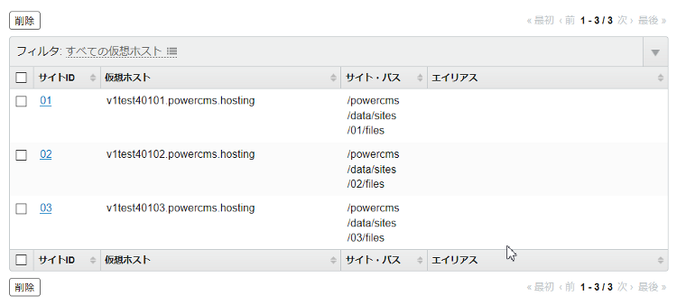 仮想ホスト一覧管理画面