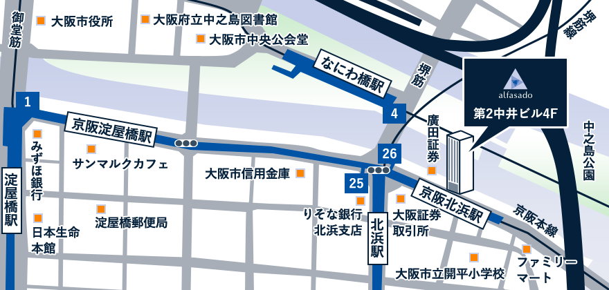 地図：大阪オフィスまでの道のりです。地下鉄堺筋線、京阪本線 北浜駅 26番出口を出たら左方向に進みます。そのまま道なりに約120メートル（約1分）進みます。１階の入り口にクリニックの看板があります。扉を手前に引いて開けてお入りください。まっすぐ進むと右手側にエレベーターのボタンがありますのでそこから４階にお越しください。