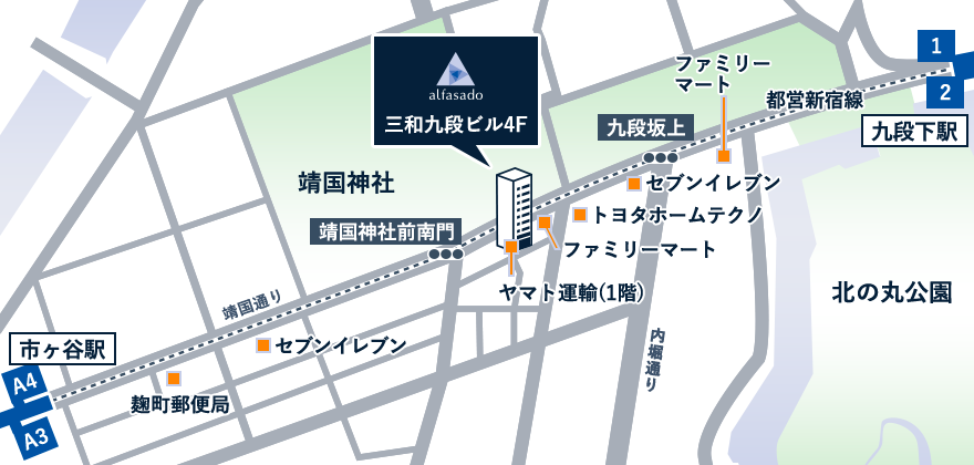 地図：東京オフィスまでの道のりです。九段下駅からの場合は、２番出口から出たらそのまま坂をあがって進みます。途中歩道橋があり道幅が狭くなります。駅から350メートル（約5分）ほど道なりに歩いていくと途中信号があります。信号を渡り120メートル（約１分）ほどすすんでいくと2つ目の信号があります。2つ目の信号を渡り100メートル（約１分）ほどすすむとビルの入り口があります。ドアを手前に引いてお入りください。正面にエレベーターがありますのでそこから4階にお越しください。