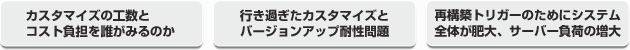 「カスタマイズの工数とコスト負担を誰がみるのか」「行き過ぎたカスタマイズとバージョンアップ耐性問題」「再構築トリガーのためにシステム全体が肥大、サーバー負荷の増大」